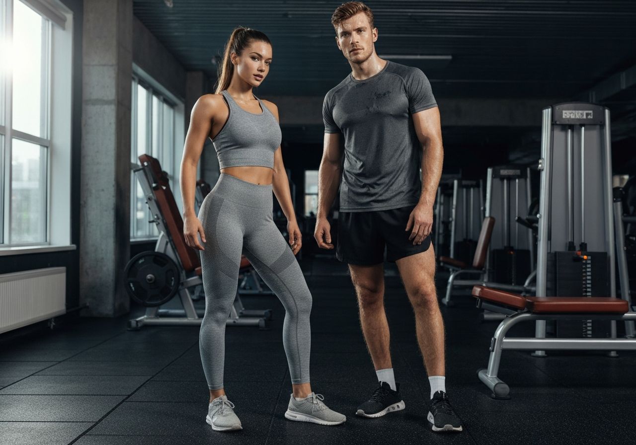 Młoda para w odzieży sportowej stoi przy sprzęcie w nowoczesnej siłowni w naturalnym świetle.
