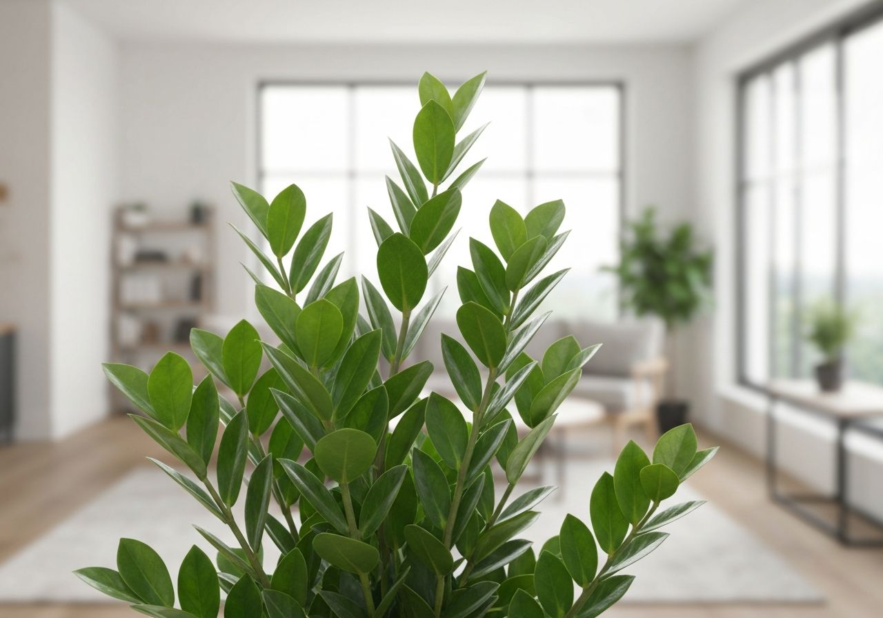 Zdjęcie zbliżeniowe rośliny zamioculcas w jasnym, nowoczesnym wnętrzu z naturalnym światłem.