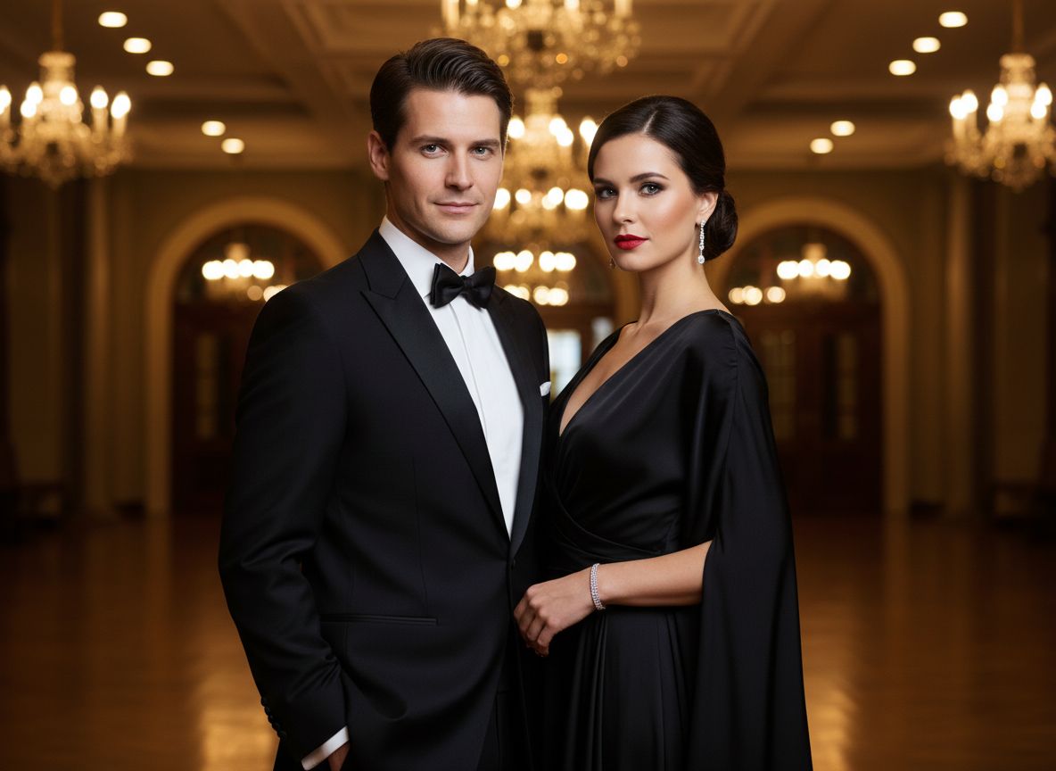 Stylowa para w czarnej eleganckiej garderobie na tle luksusowego wnętrza z ciepłym oświetleniem.