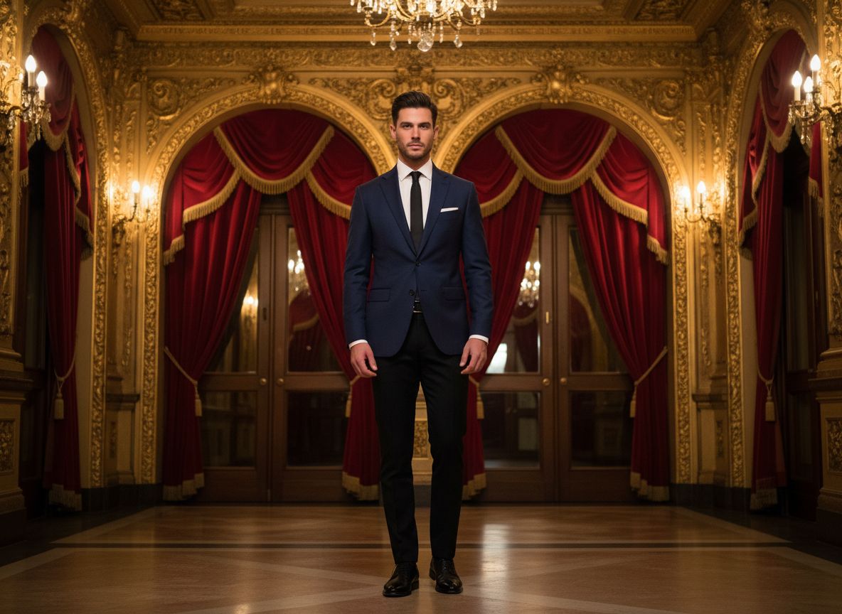 Mężczyzna w eleganckim garniturze stoi w teatrze przy złotych dekoracjach i czerwonych zasłonach